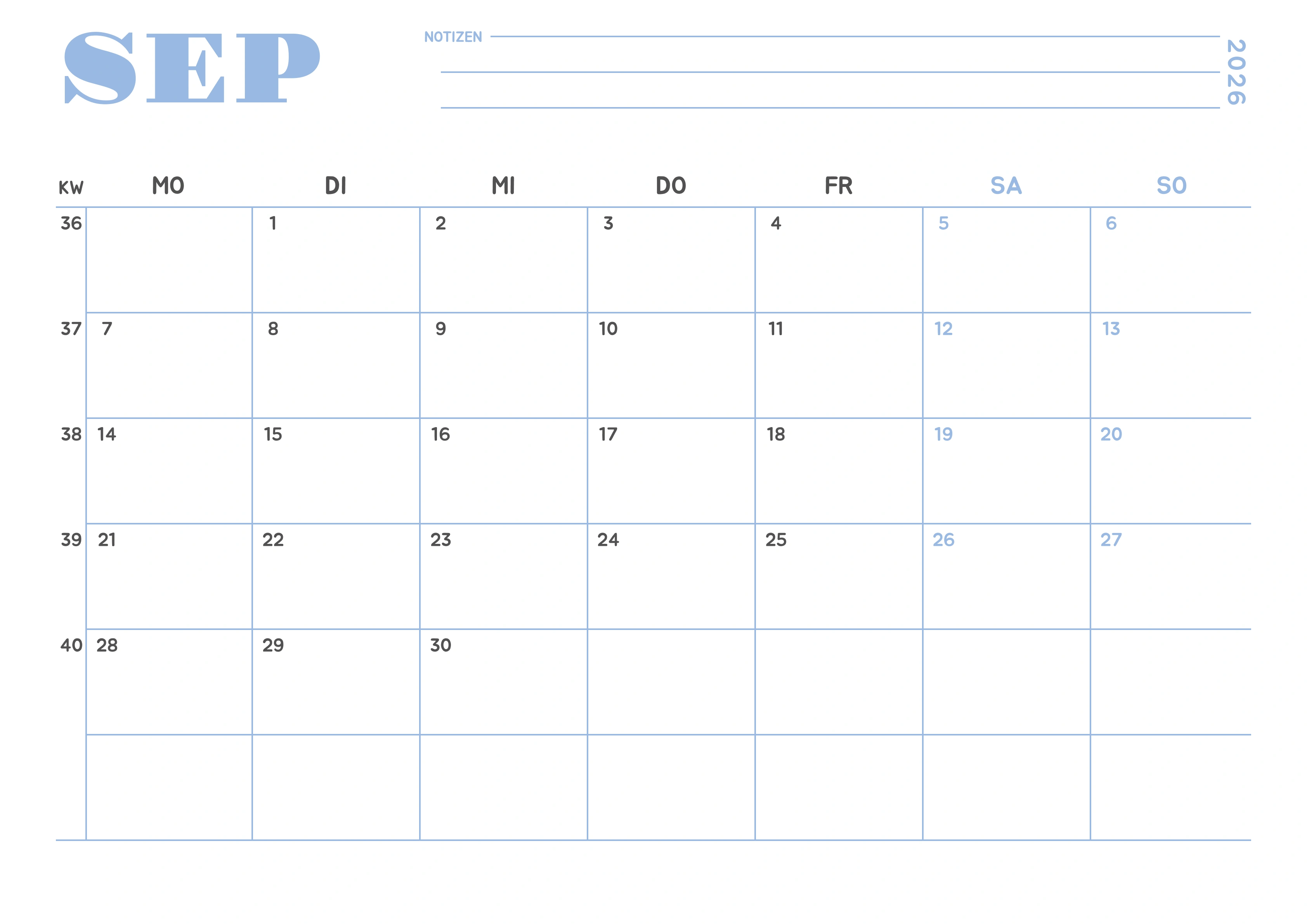 September Kalender 2026 Minimalistisch Himmelblau