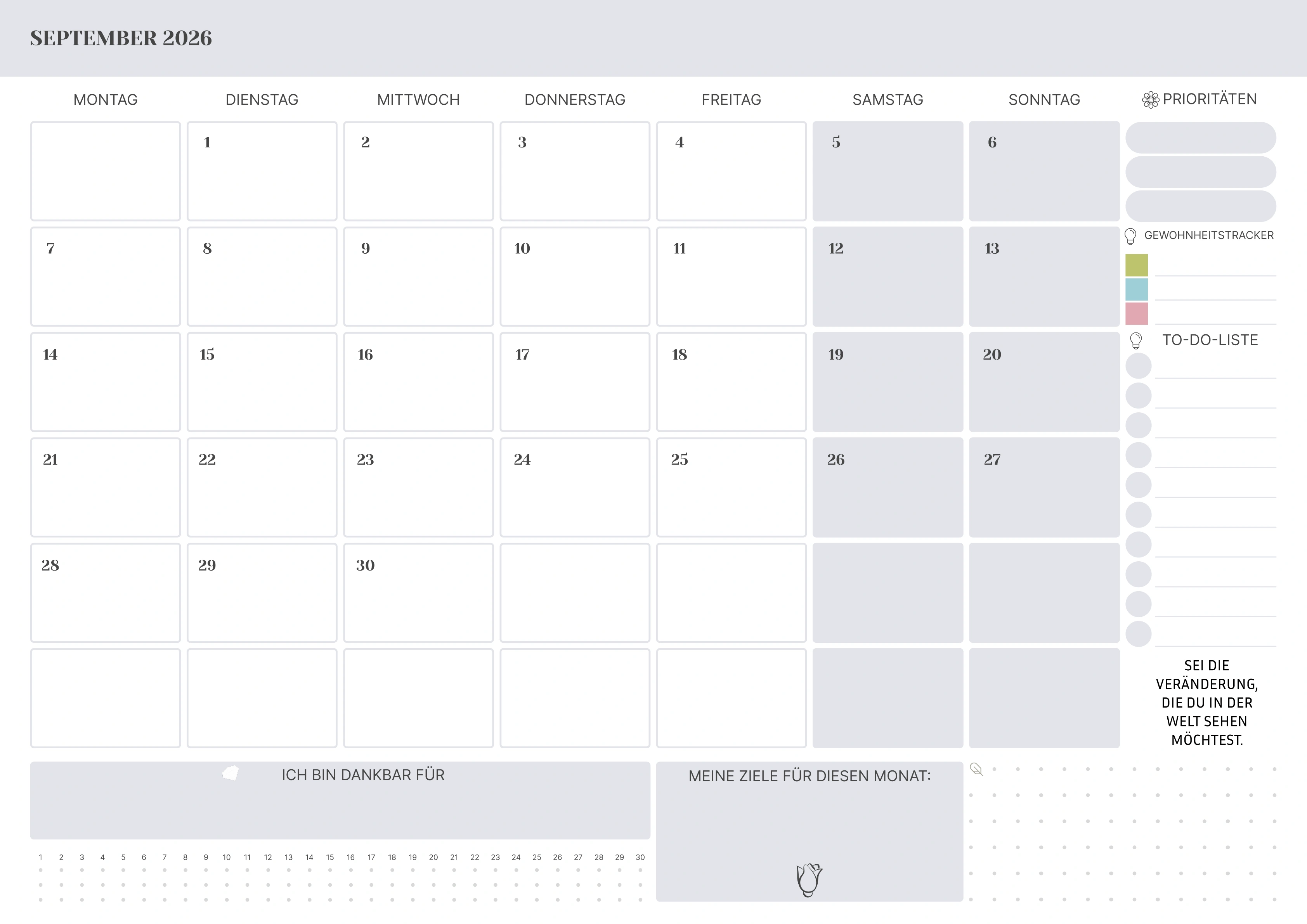 September Kalender 2026 mit Feiertagen