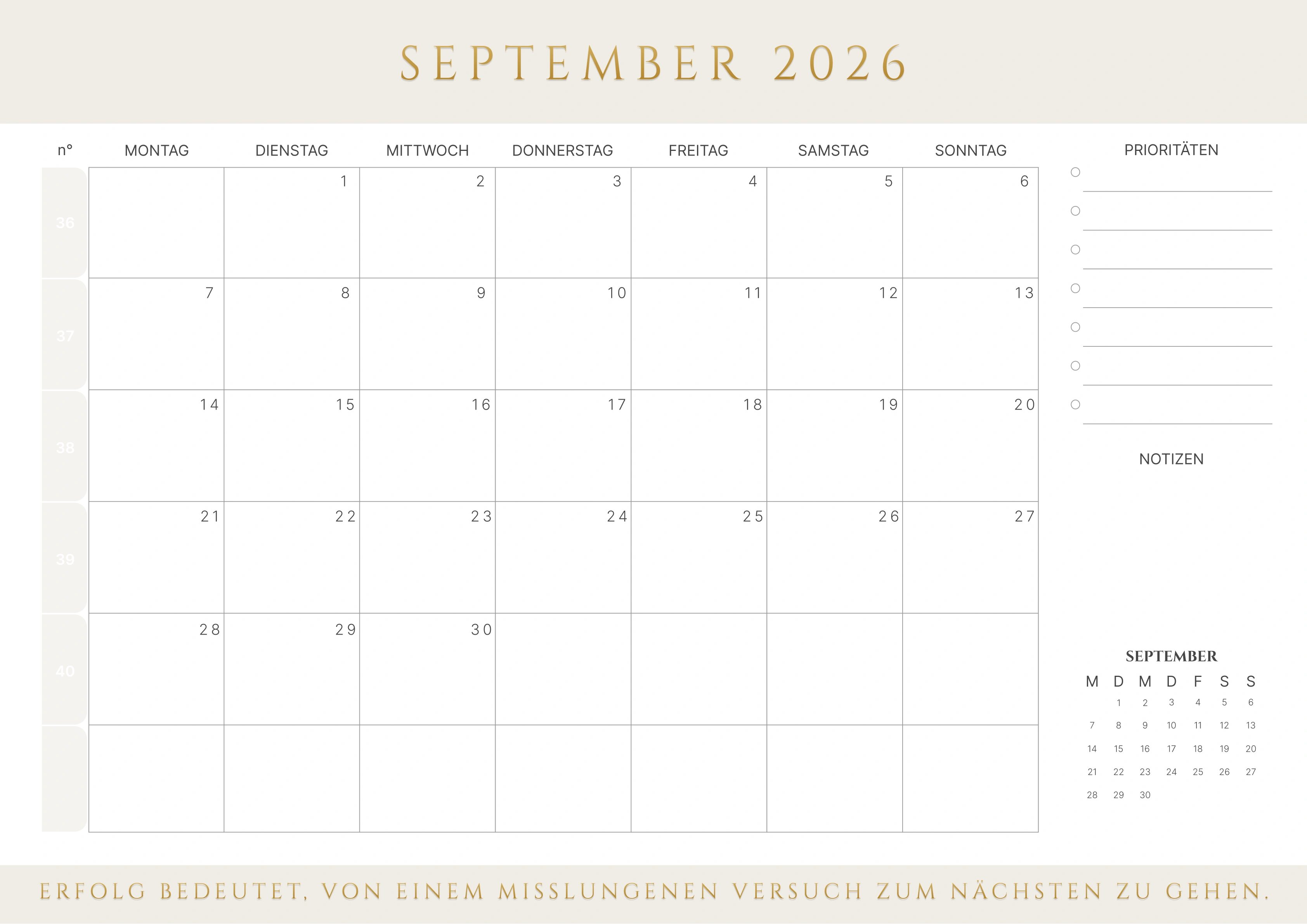 September Kalender 2026 mit Kalenderwochen