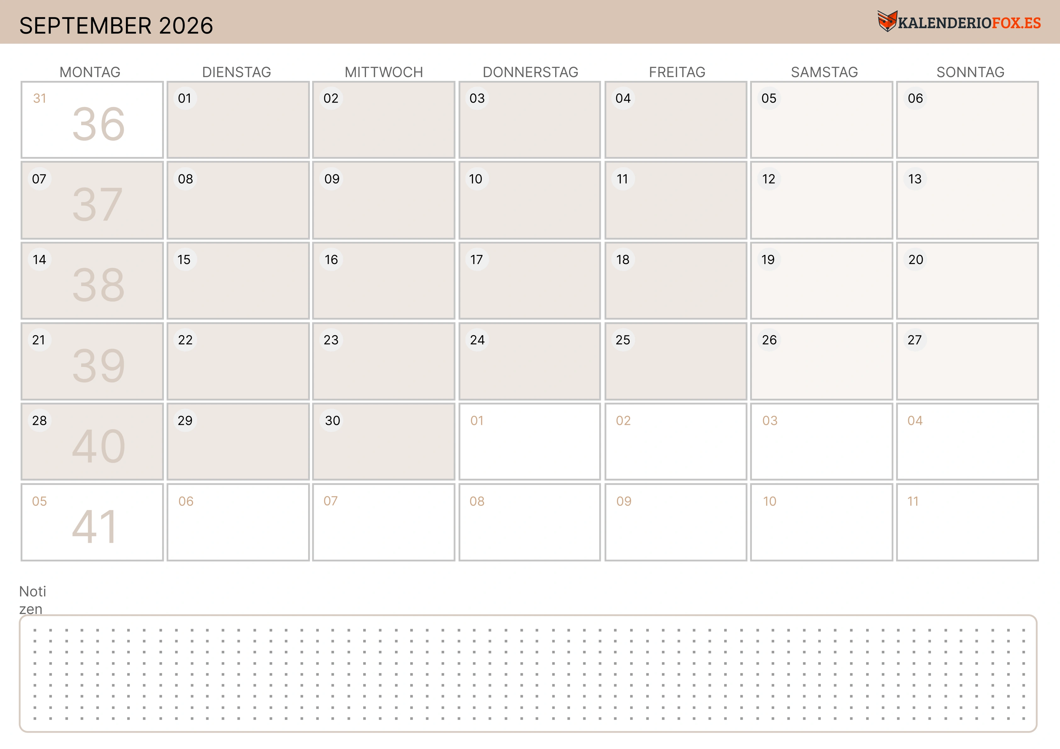 September Kalender 2026 Zartes Gelb