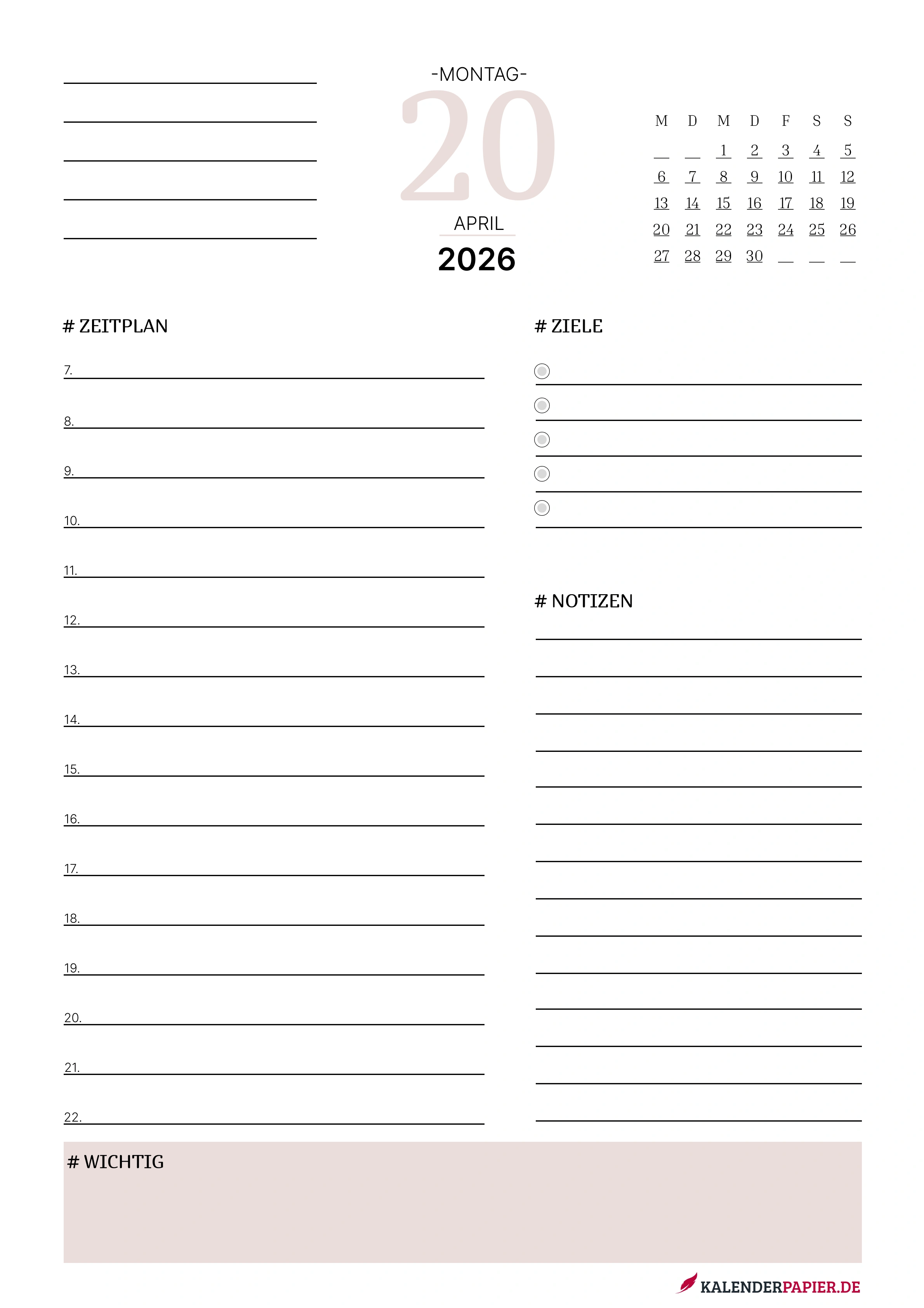 tagesplaner 2026 mit Feiertagen Deutschland