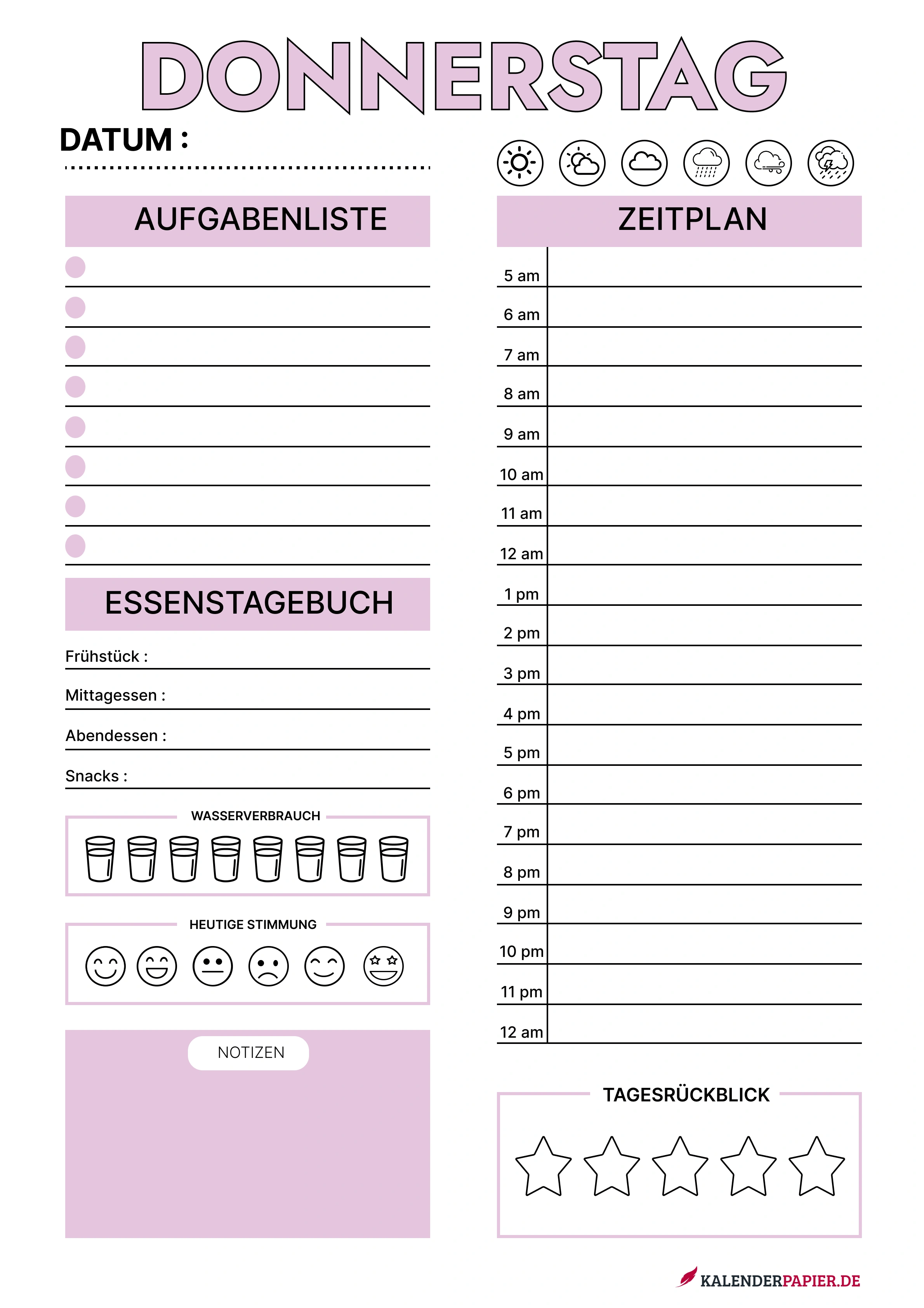 tagesplaner 2026 mit Feiertagen Deutschland
