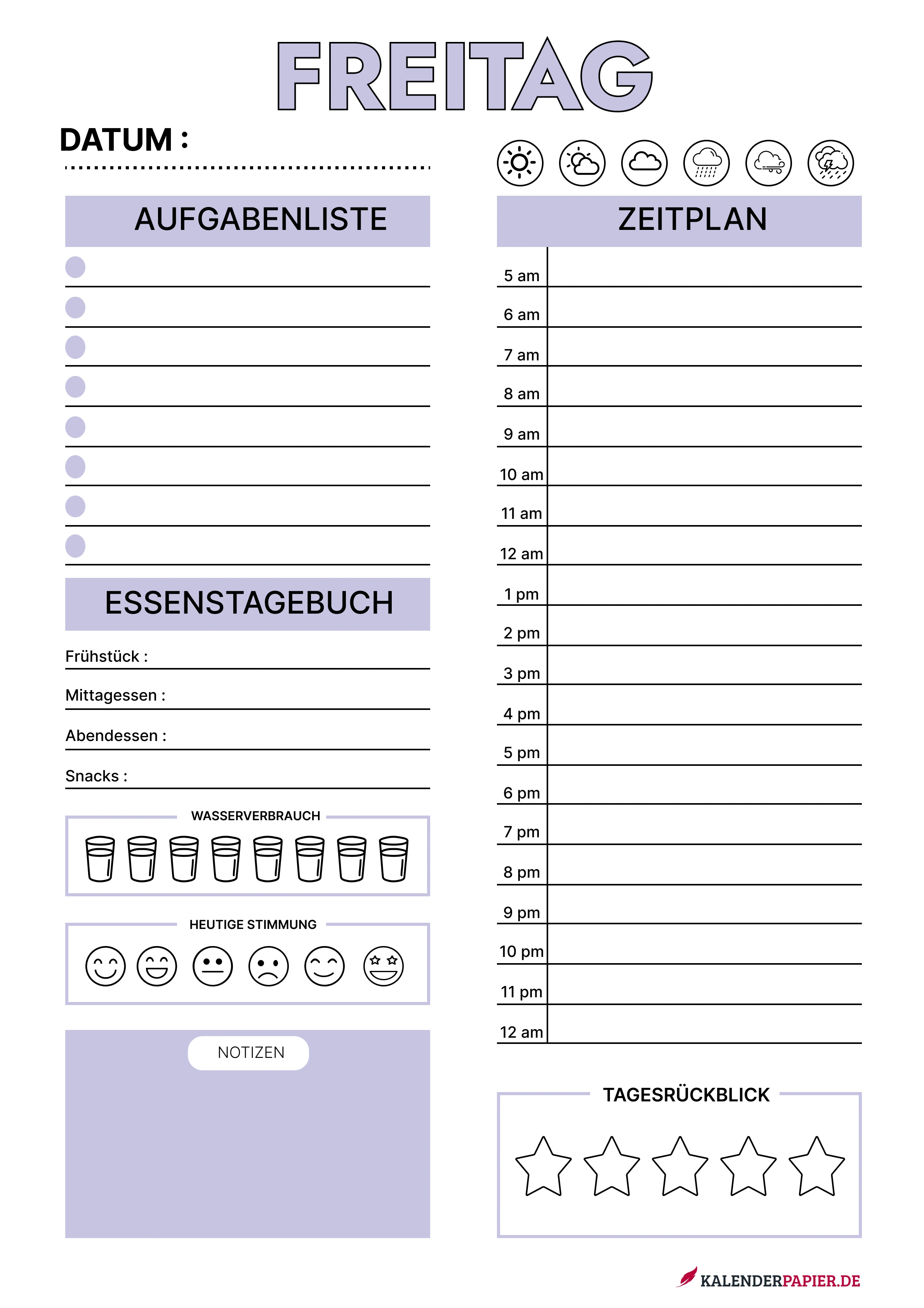 tagesplaner 2026 mit Feiertagen Deutschland