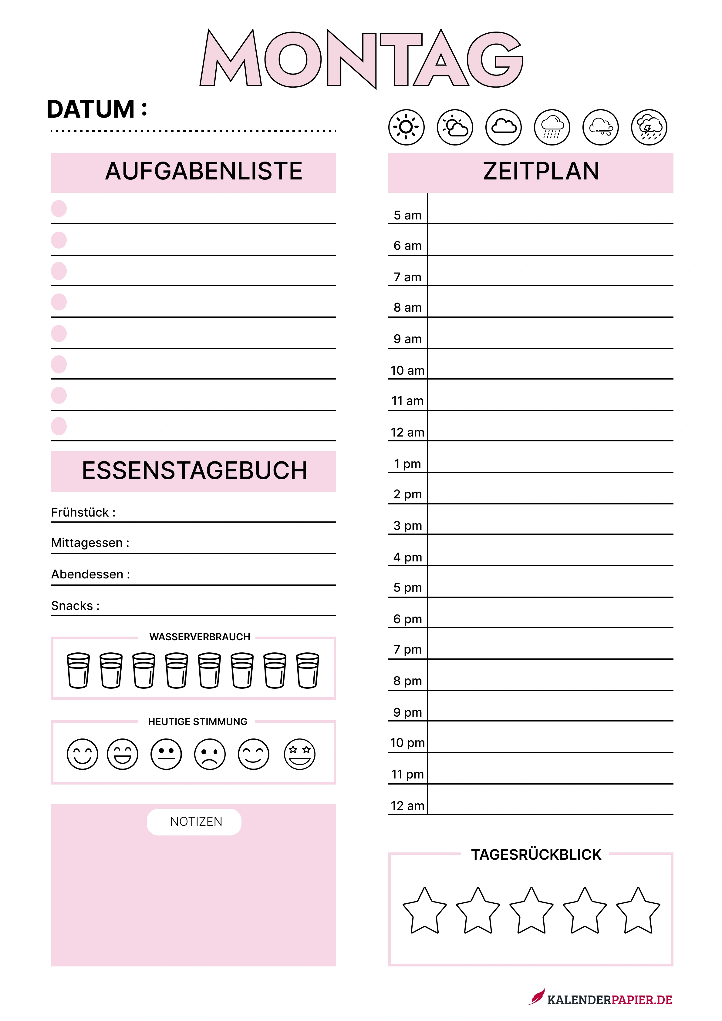 tagesplaner 2026 mit Feiertagen Deutschland