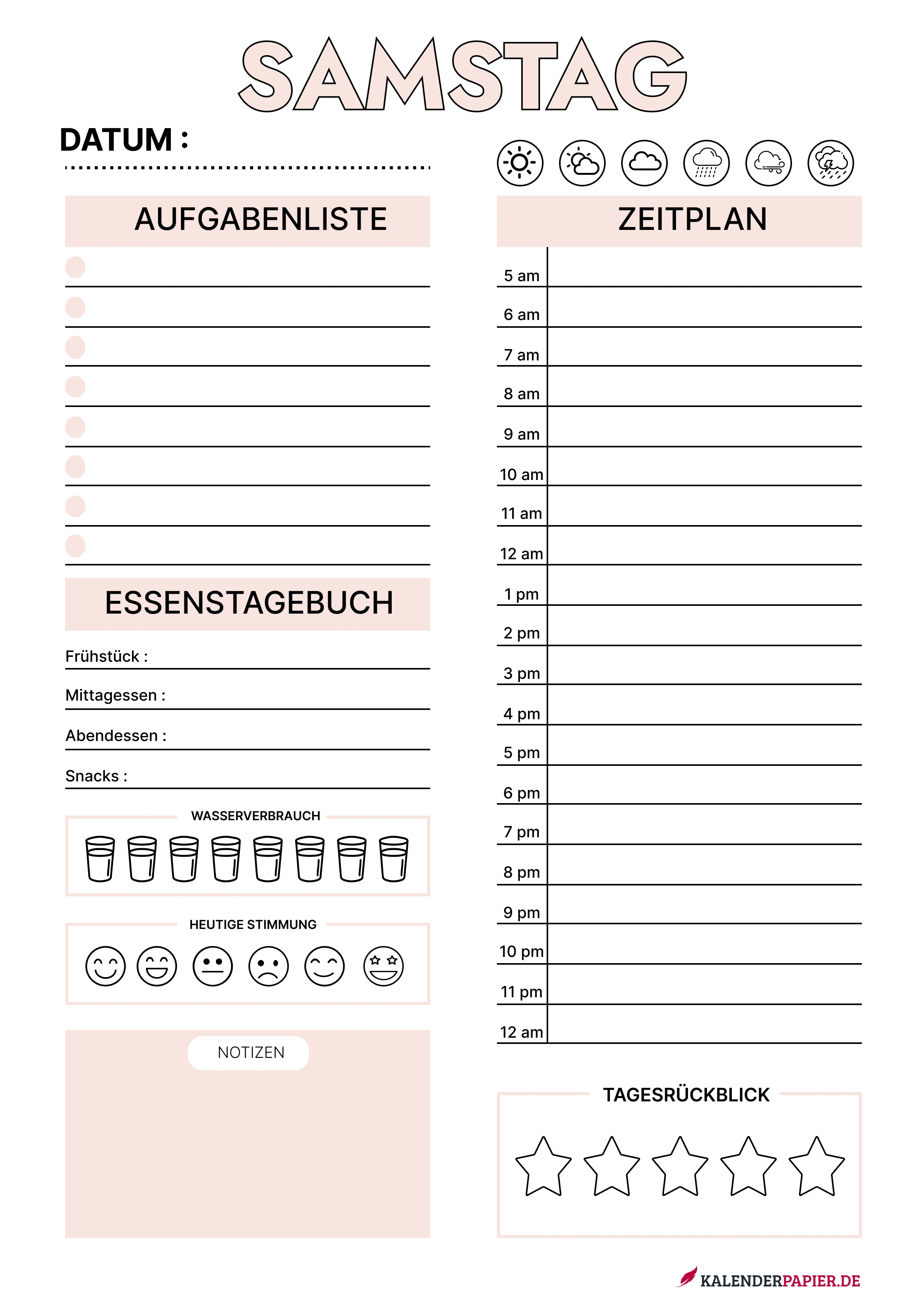 tagesplaner 2026 mit Feiertagen Deutschland