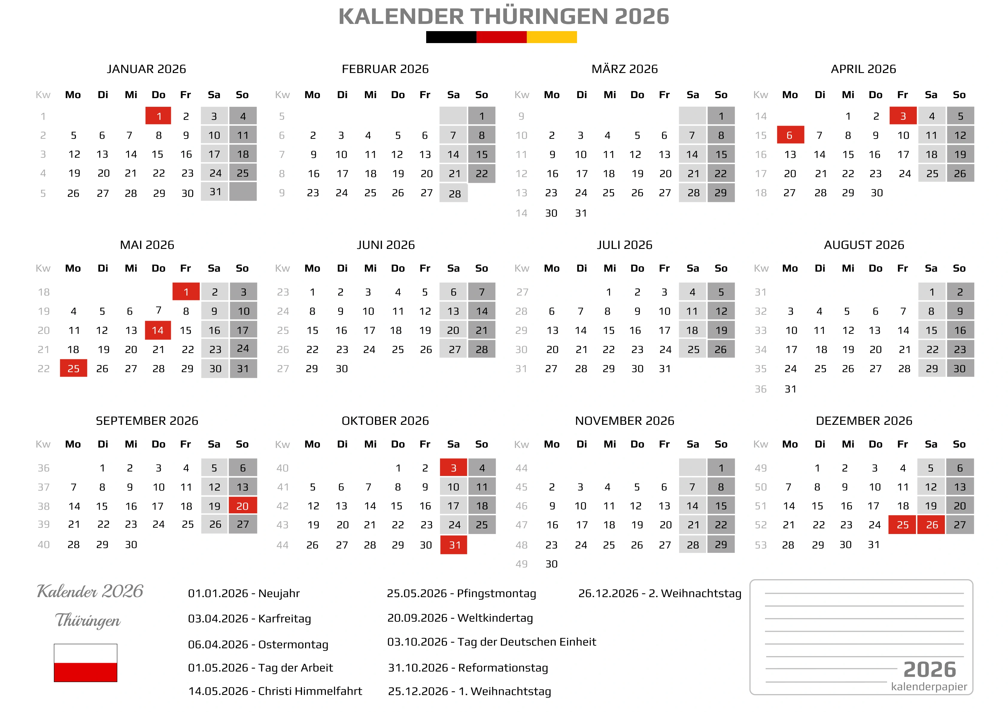 Der Kalender mit der Kompletten BW Feirtage