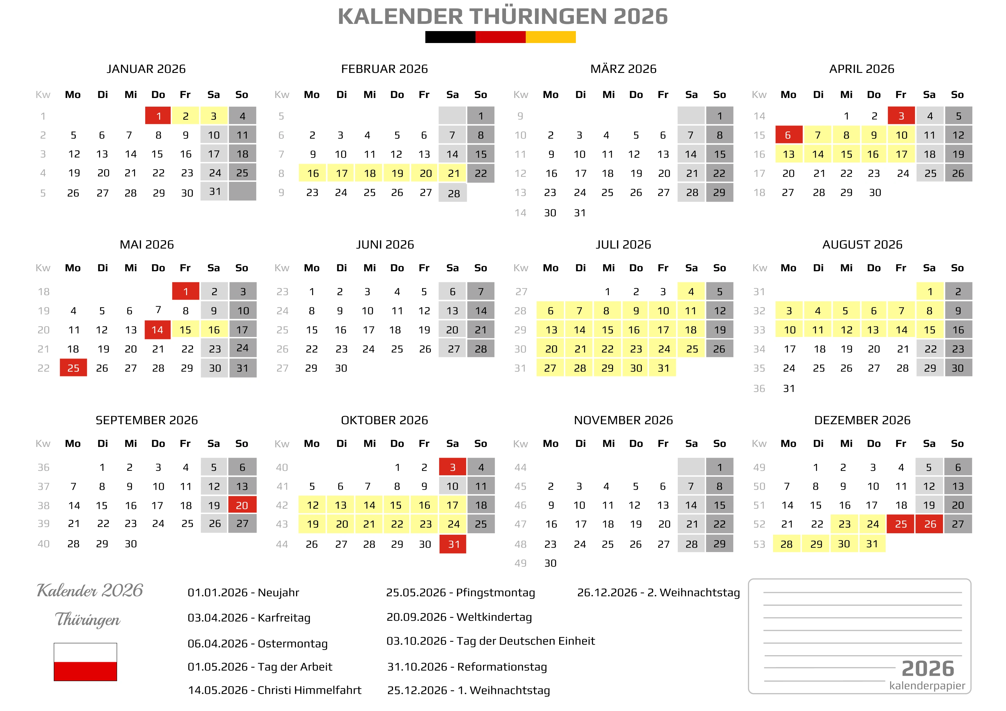 Der Kalender mit der Kompletten BW Feirtage