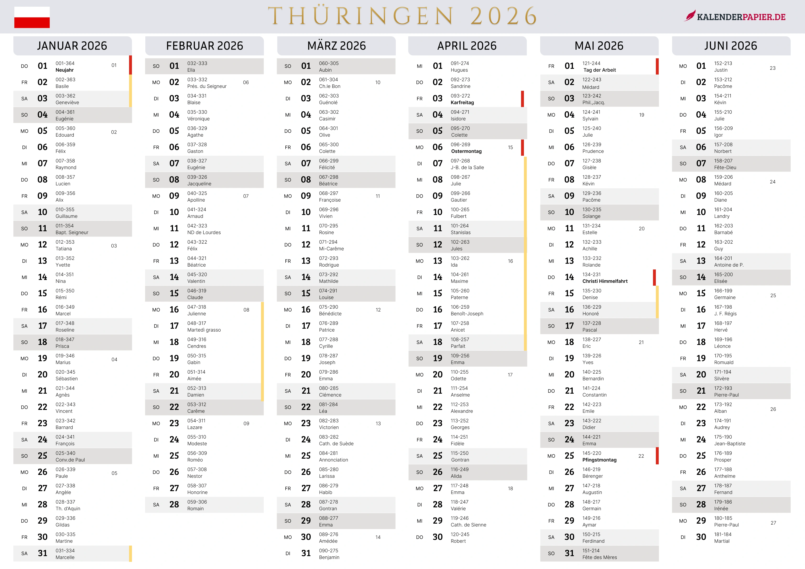 Der Kalender mit der Kompletten BW Feirtage