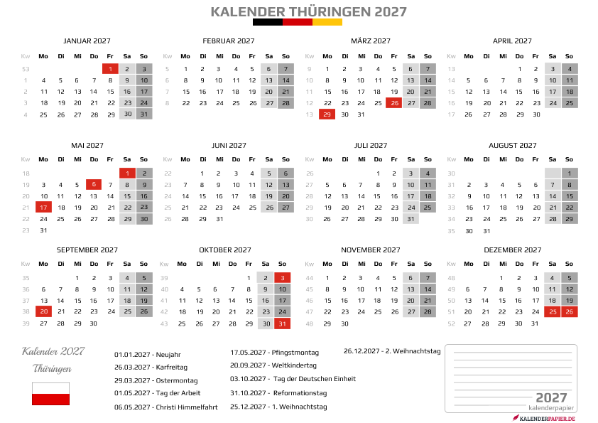 Kalender 2027 Thüringen mit Feiertagen