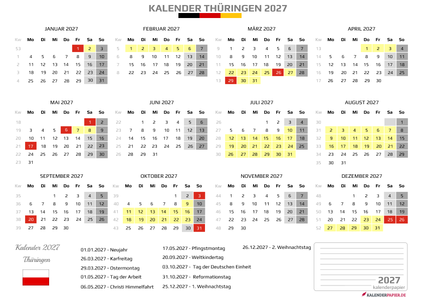 Kalender 2027 Thüringen mit Ferien