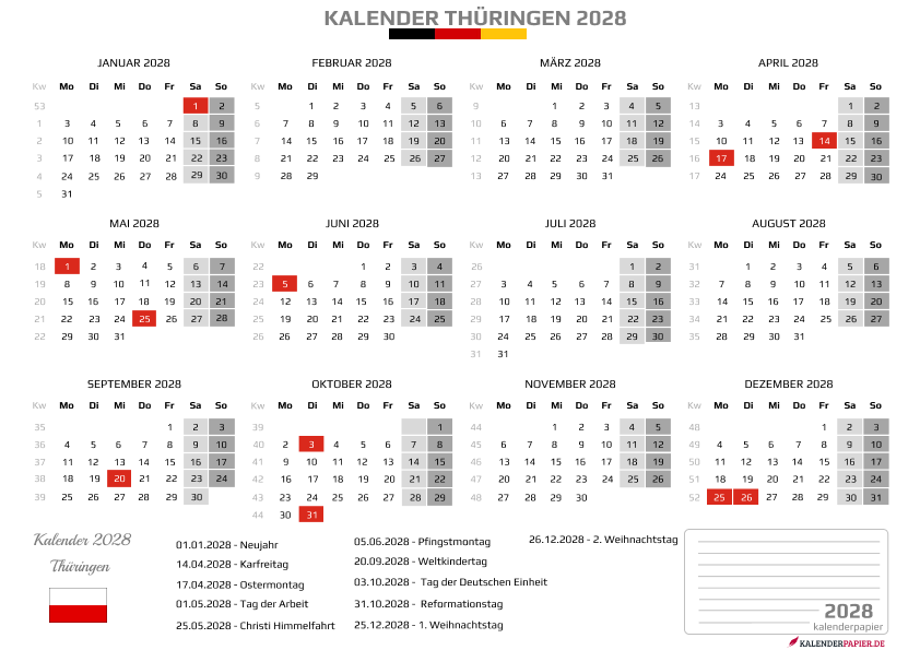 Kalender 2028 Thüringen mit Feiertagen