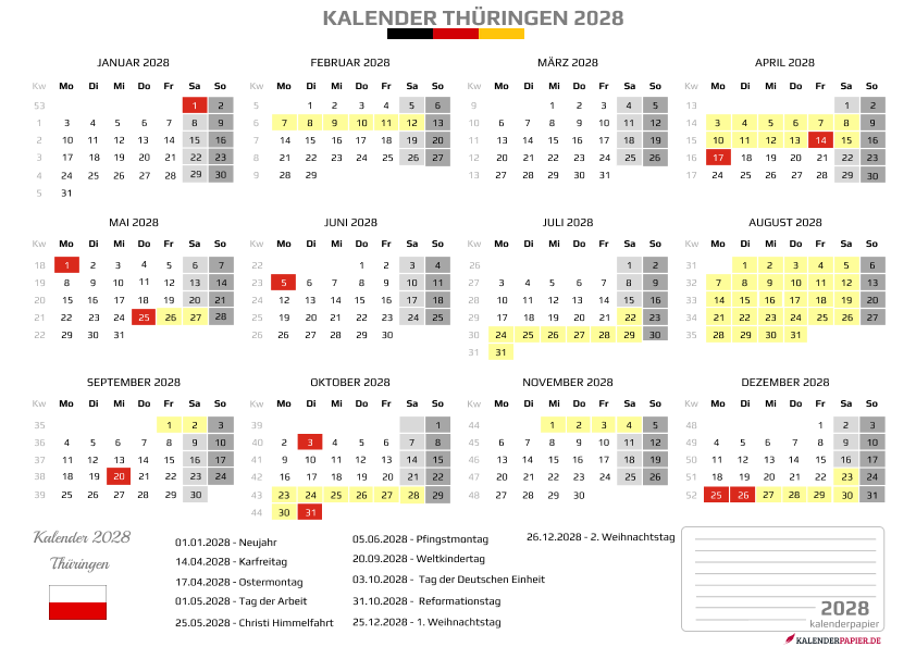 Kalender 2028 Thüringen mit Ferien