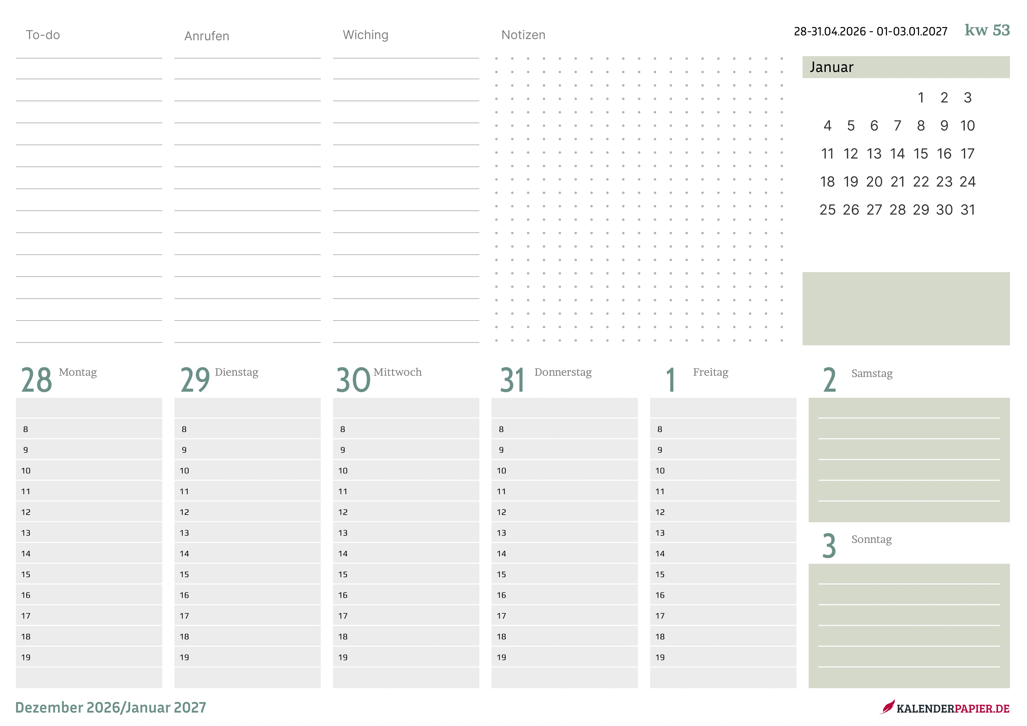 Wochenkalender 2027 fff