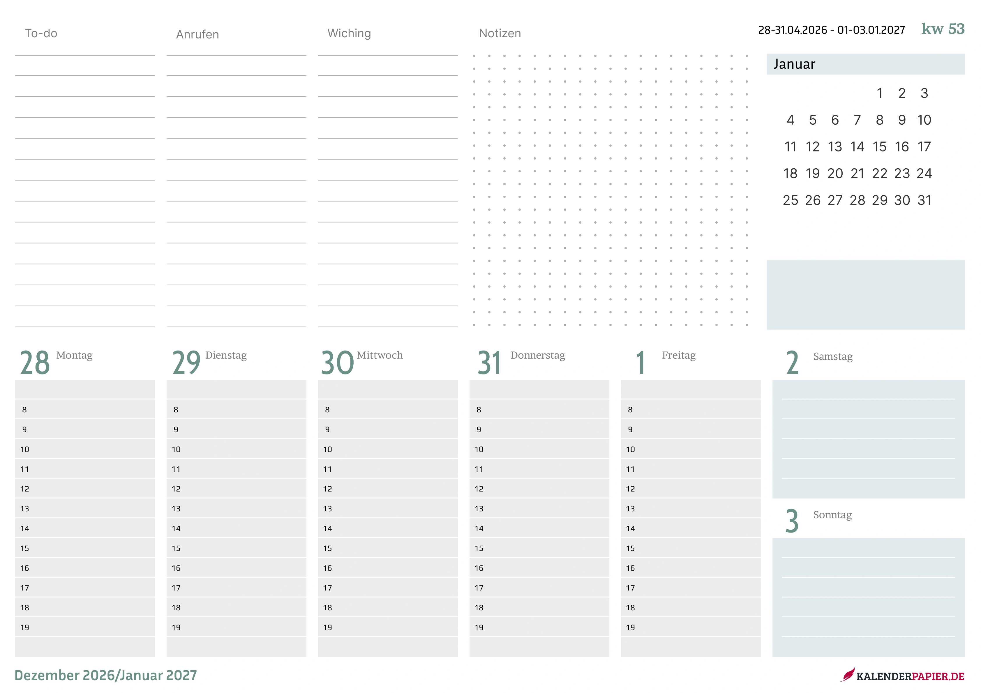 Wochenkalender 2027 Minimalistisch