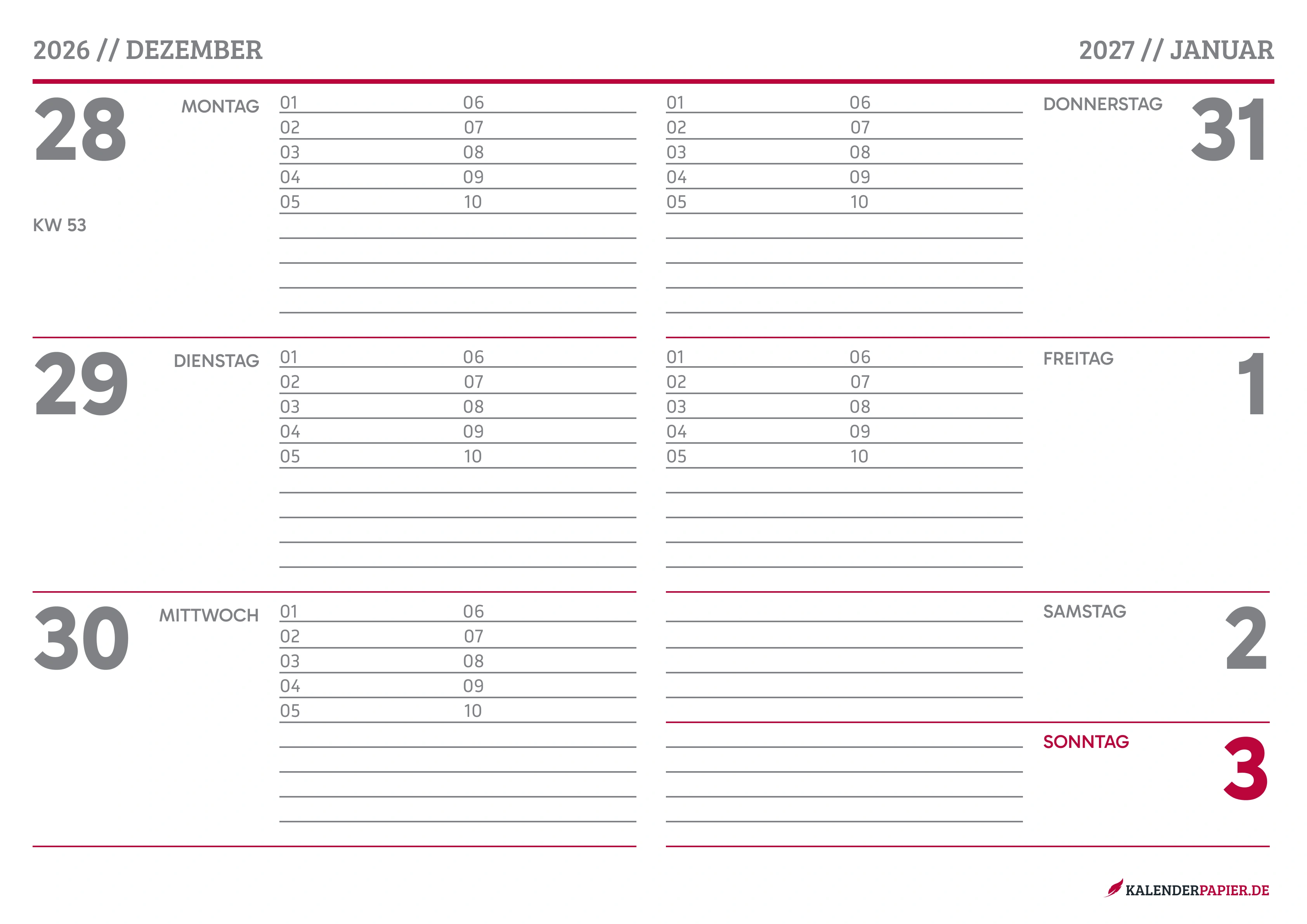 Wochenkalender 2027 Ästhetisch